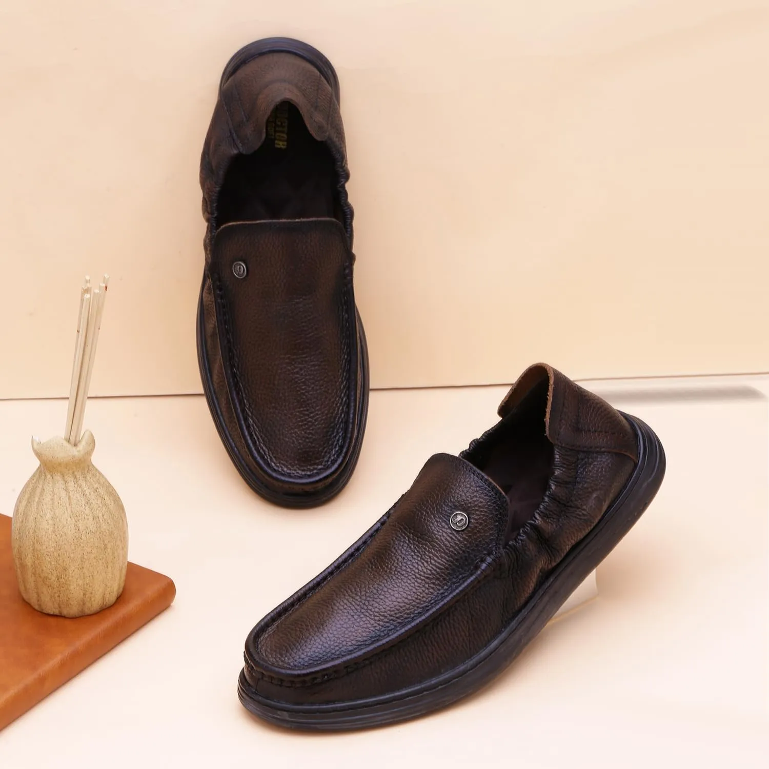 Classic Genuine Leather Formal Shoes for Men with Memory Foam Cushion| Ultra Lightweight & Comfortable|Stylish & Flexible|Parties,Occasions,Office,Wedding,Casual|Black Slip On D-805