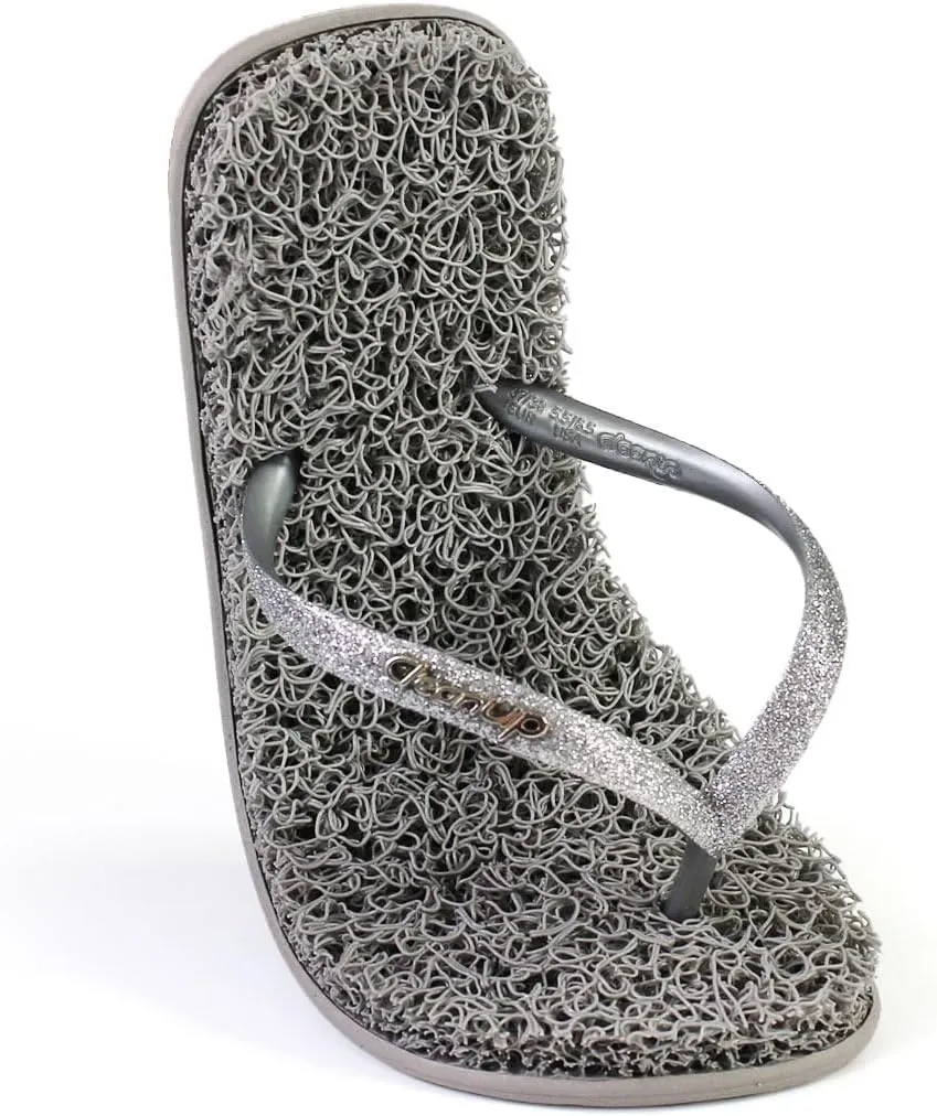 CLEANUP Flip Flops | Womens | Flat Shine Silver| Exfoliating, Massaging and Relaxing | Comfortable & Lightweight Thong Sandals | 100% Vegan Recyclable Fibers |