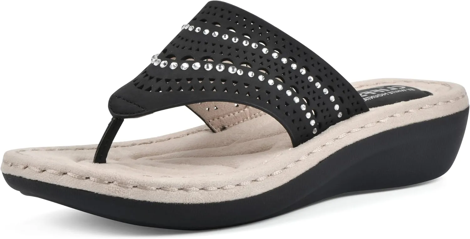 CLIFFS BY WHITE MOUNTAIN Women's Comate Rhinestoned Mini Wedge Flip Flop Sandal