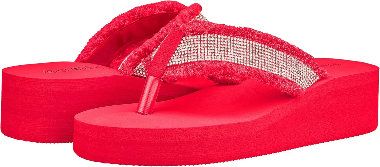 CLOVERLAY Women's Platform Flip Flops Rhinestone Glitter Sandals High Wedge Sandal