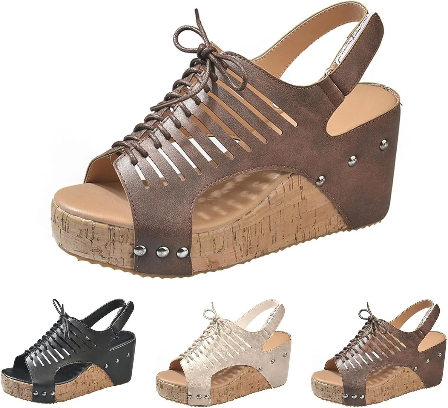 Cork Sandals for Women Lace Up Hollow Out Platform Sandal Hook And Loop Orthopedic Wedge Slides Comfortable Slip On Slides