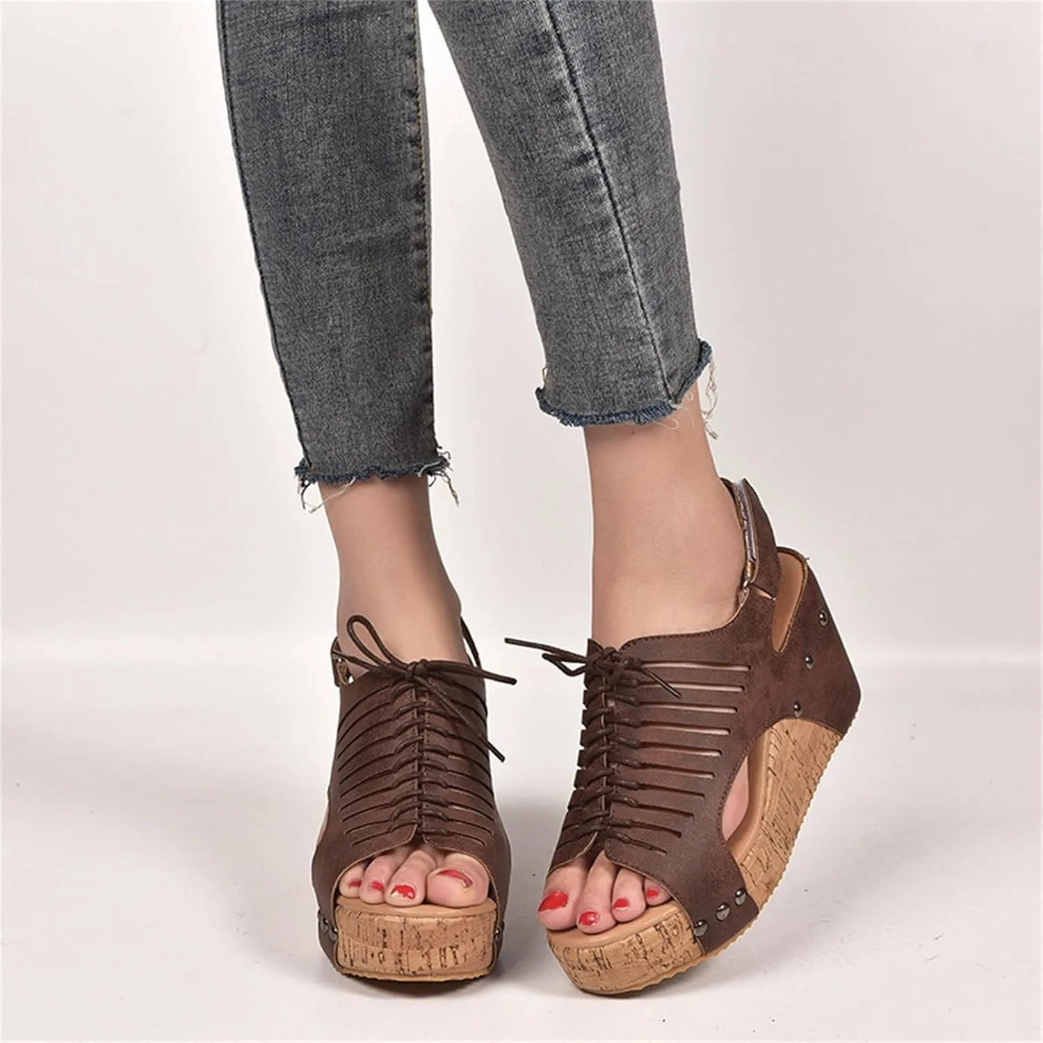 Cork Sandals for Women Lace Up Hollow Out Platform Sandal Hook And Loop Orthopedic Wedge Slides Comfortable Slip On Slides