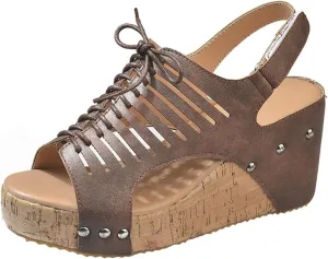 Cork Sandals for Women Lace Up Hollow Out Platform Sandal Hook And Loop Orthopedic Wedge Slides Comfortable Slip On Slides