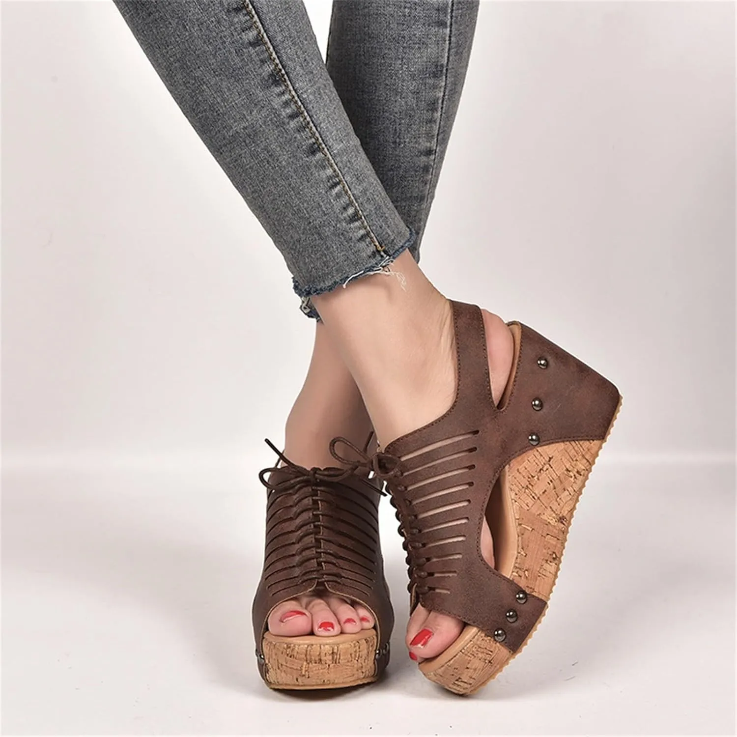 Cork Sandals for Women Lace Up Hollow Out Platform Sandal Hook And Loop Orthopedic Wedge Slides Comfortable Slip On Slides