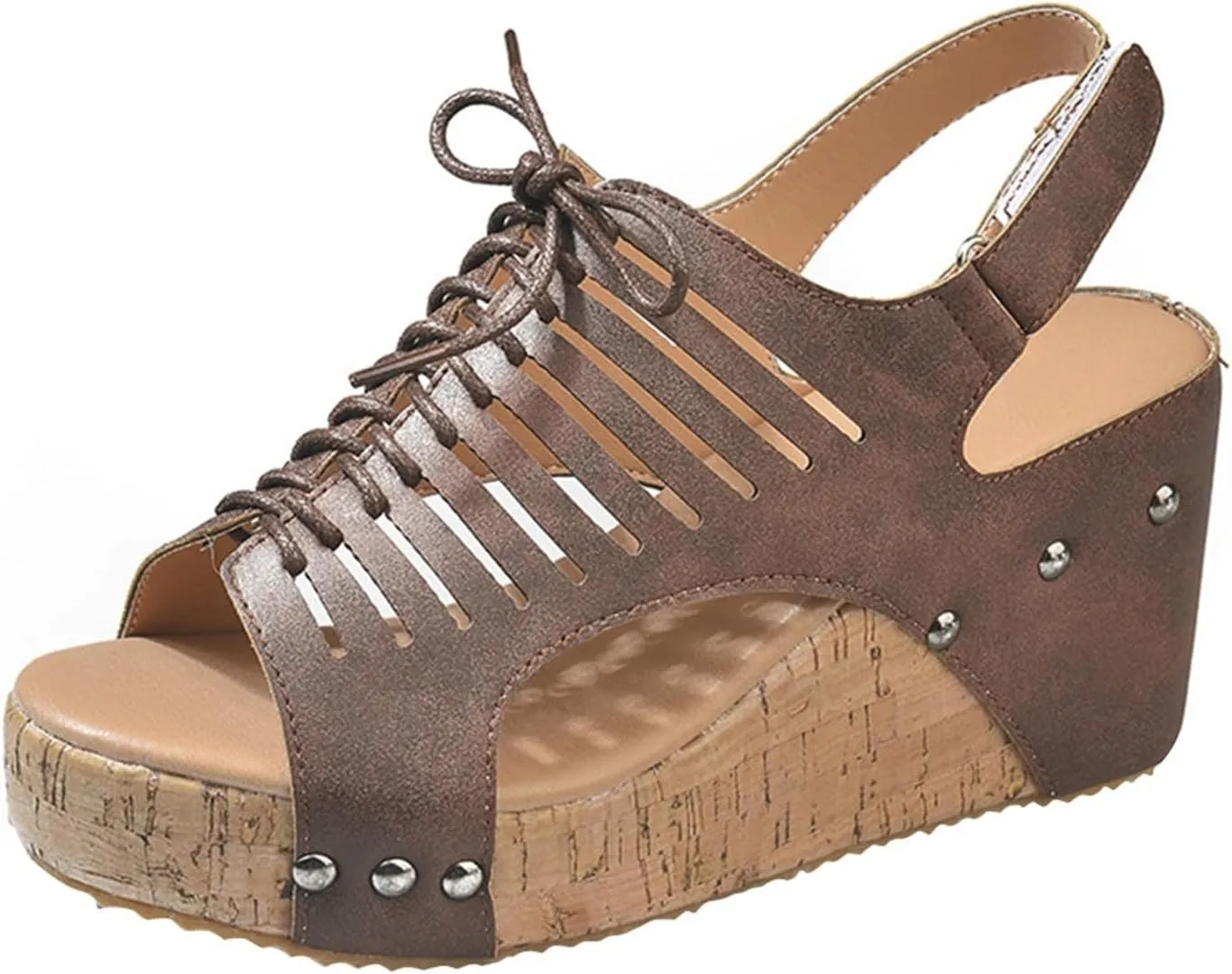 Cork Sandals for Women Lace Up Hollow Out Platform Sandal Hook And Loop Orthopedic Wedge Slides Comfortable Slip On Slides