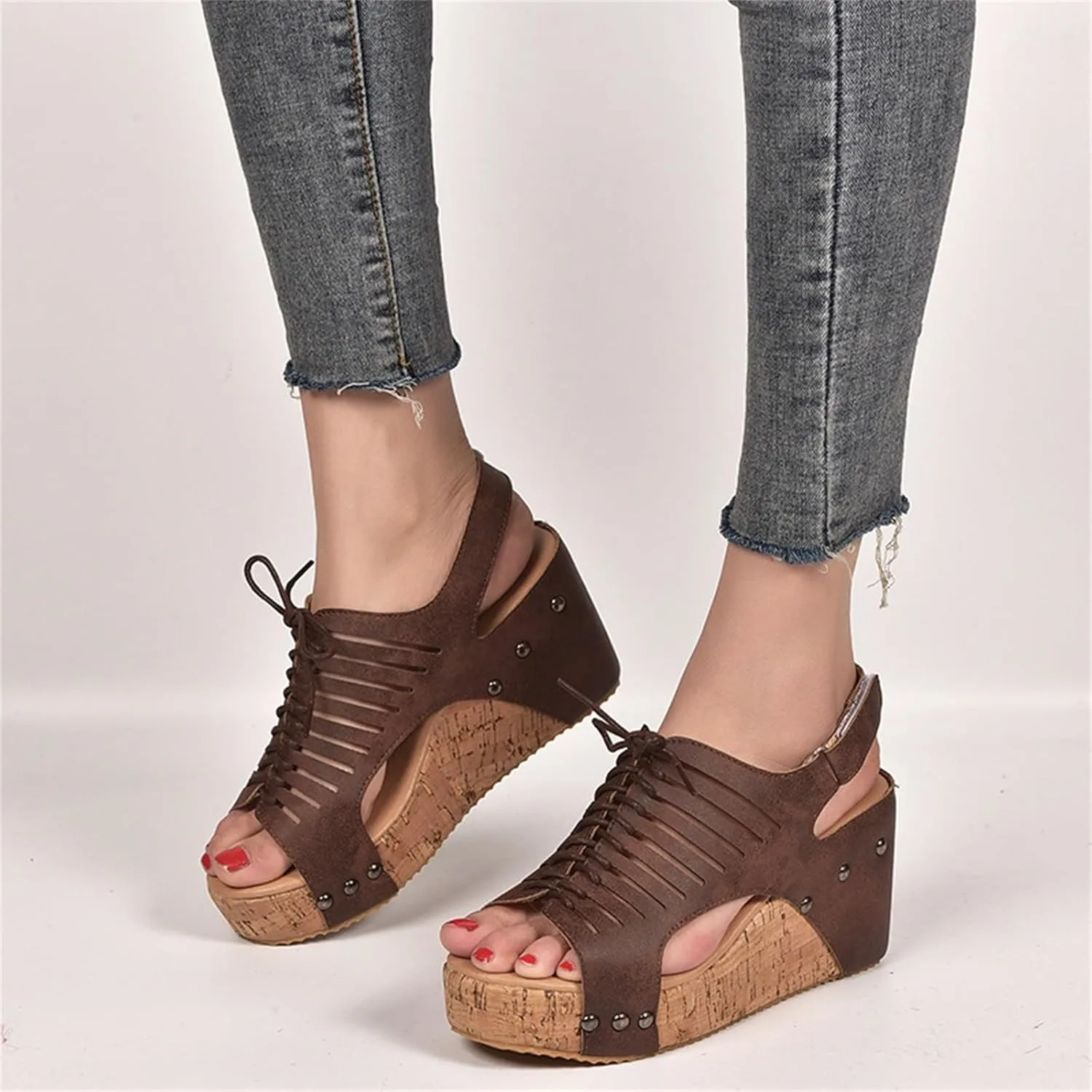 Cork Sandals for Women Lace Up Hollow Out Platform Sandal Hook And Loop Orthopedic Wedge Slides Comfortable Slip On Slides