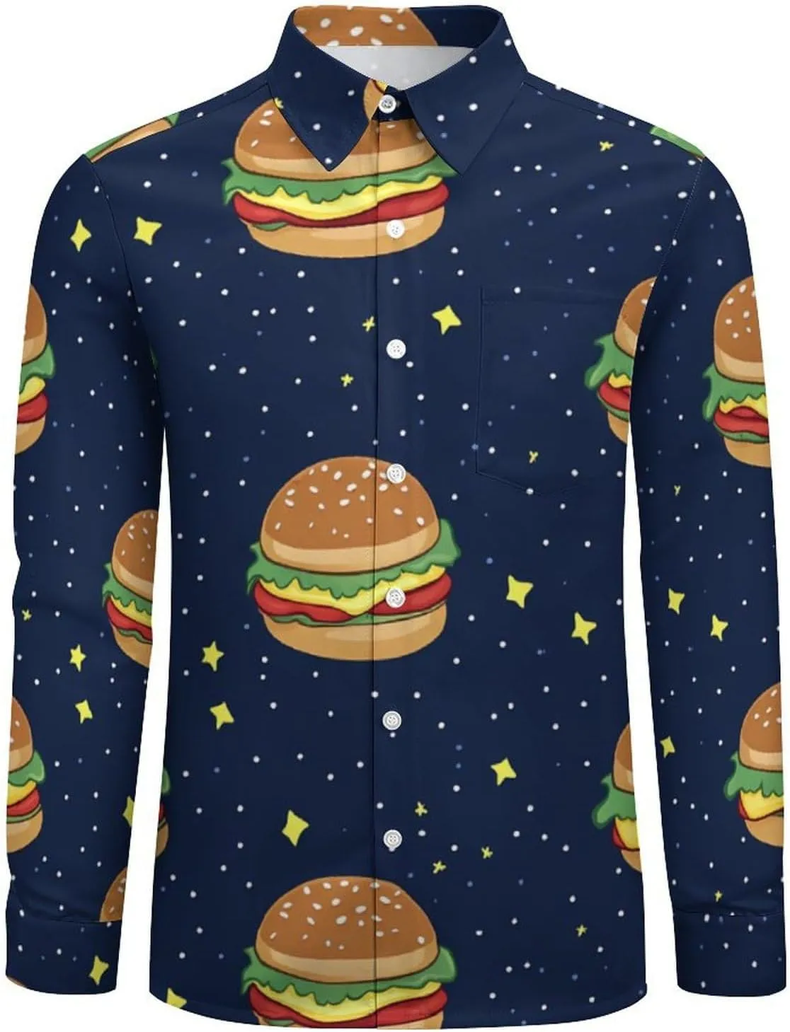 Cosmic Hamburger Long Sleeve Hawaiian Shirt Men Casual Button Down Cuban Collar Beach Shirts
