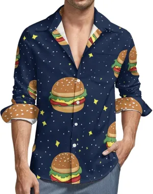 Cosmic Hamburger Long Sleeve Hawaiian Shirt Men Casual Button Down Cuban Collar Beach Shirts