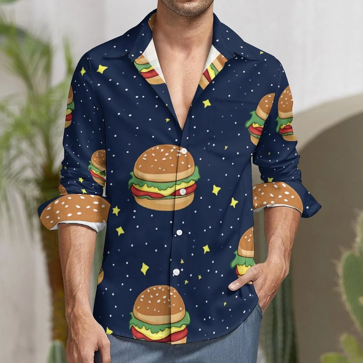 Cosmic Hamburger Long Sleeve Hawaiian Shirt Men Casual Button Down Cuban Collar Beach Shirts