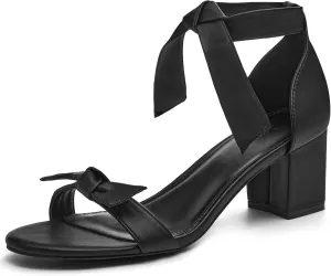 Coutgo Womens Bowknot Ankle Strap Heeled Sandals Mid Block Heel Round Open Toe Summer Wedding Dress Shoes