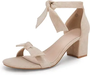 Coutgo Womens Bowknot Ankle Strap Heeled Sandals Mid Block Heel Round Open Toe Summer Wedding Dress Shoes