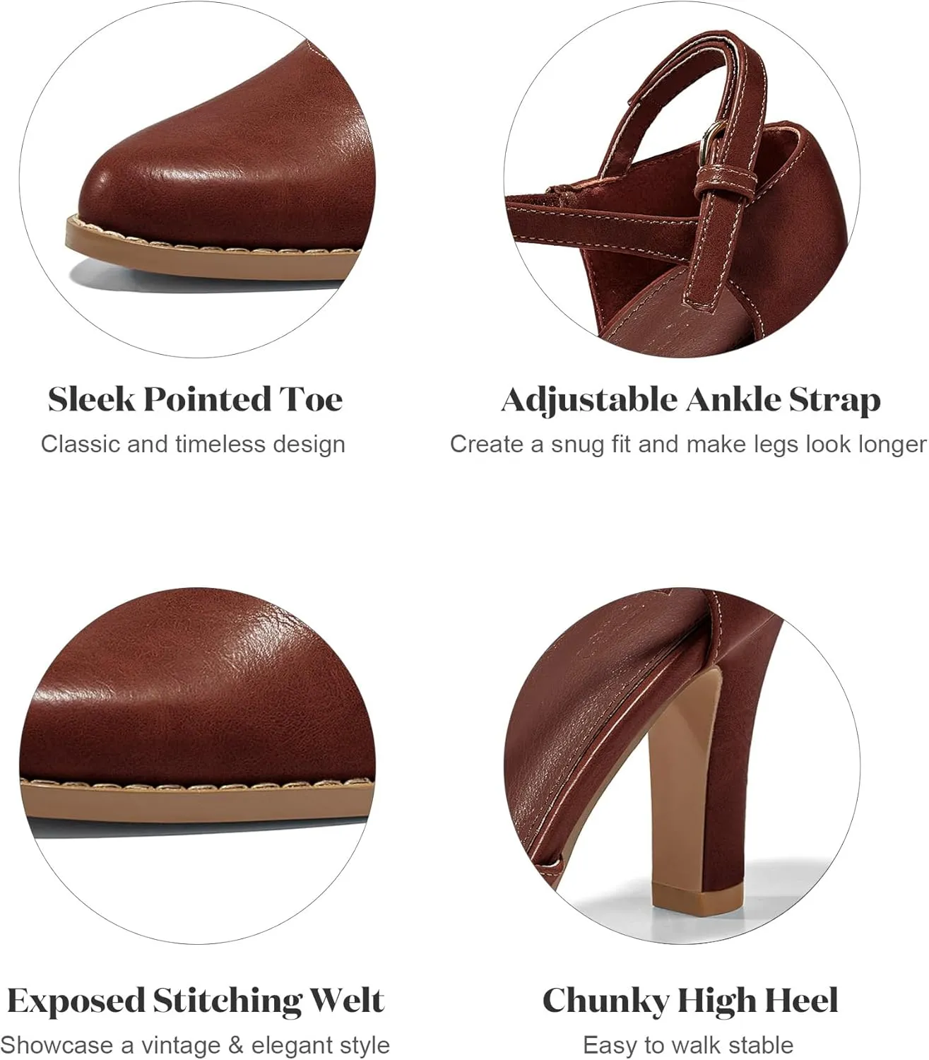 Coutgo Womens Chunky High Heels Closed Pointed Toe Ankle Strap Pumps Vintage D'Orsay Dress Party Shoes