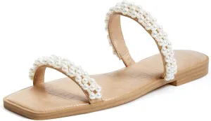 Coutgo Womens Flat Sandals Square Open Toe Pearl Two Strap Slip On Beach Slide Dressy Sandal