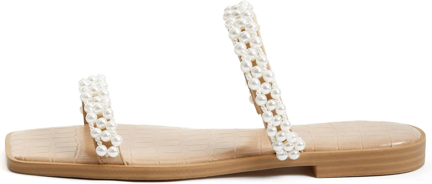 Coutgo Womens Flat Sandals Square Open Toe Pearl Two Strap Slip On Beach Slide Dressy Sandal