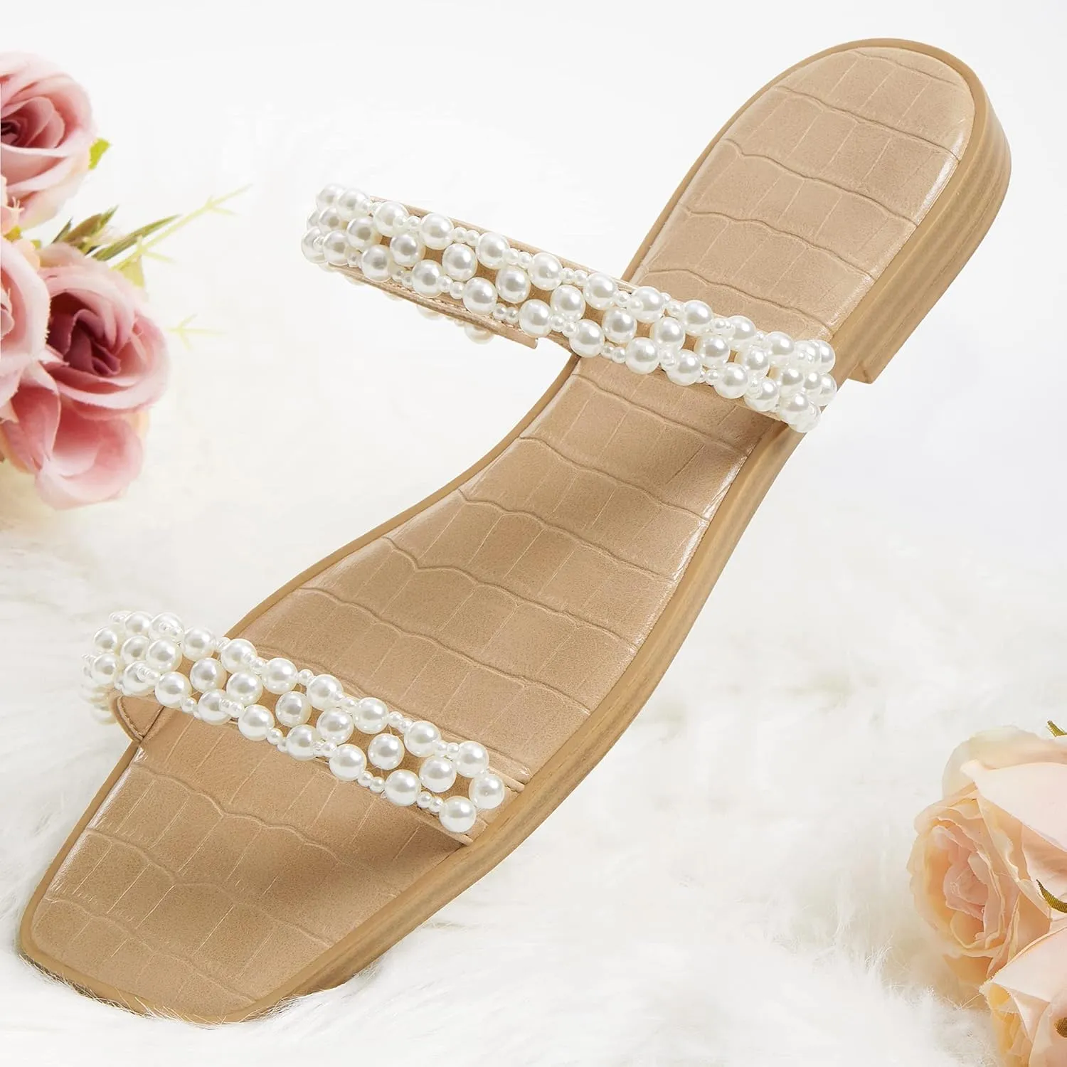 Coutgo Womens Flat Sandals Square Open Toe Pearl Two Strap Slip On Beach Slide Dressy Sandal