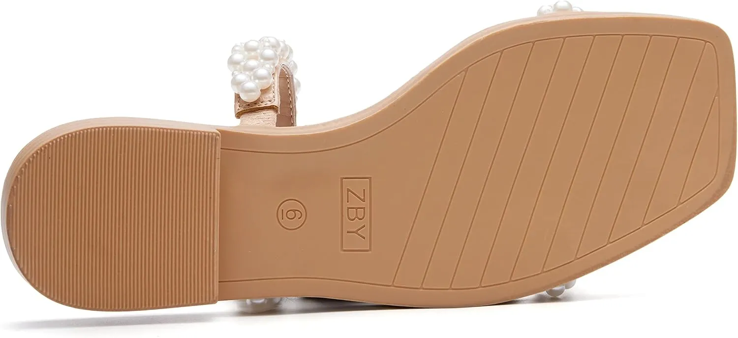 Coutgo Womens Flat Sandals Square Open Toe Pearl Two Strap Slip On Beach Slide Dressy Sandal