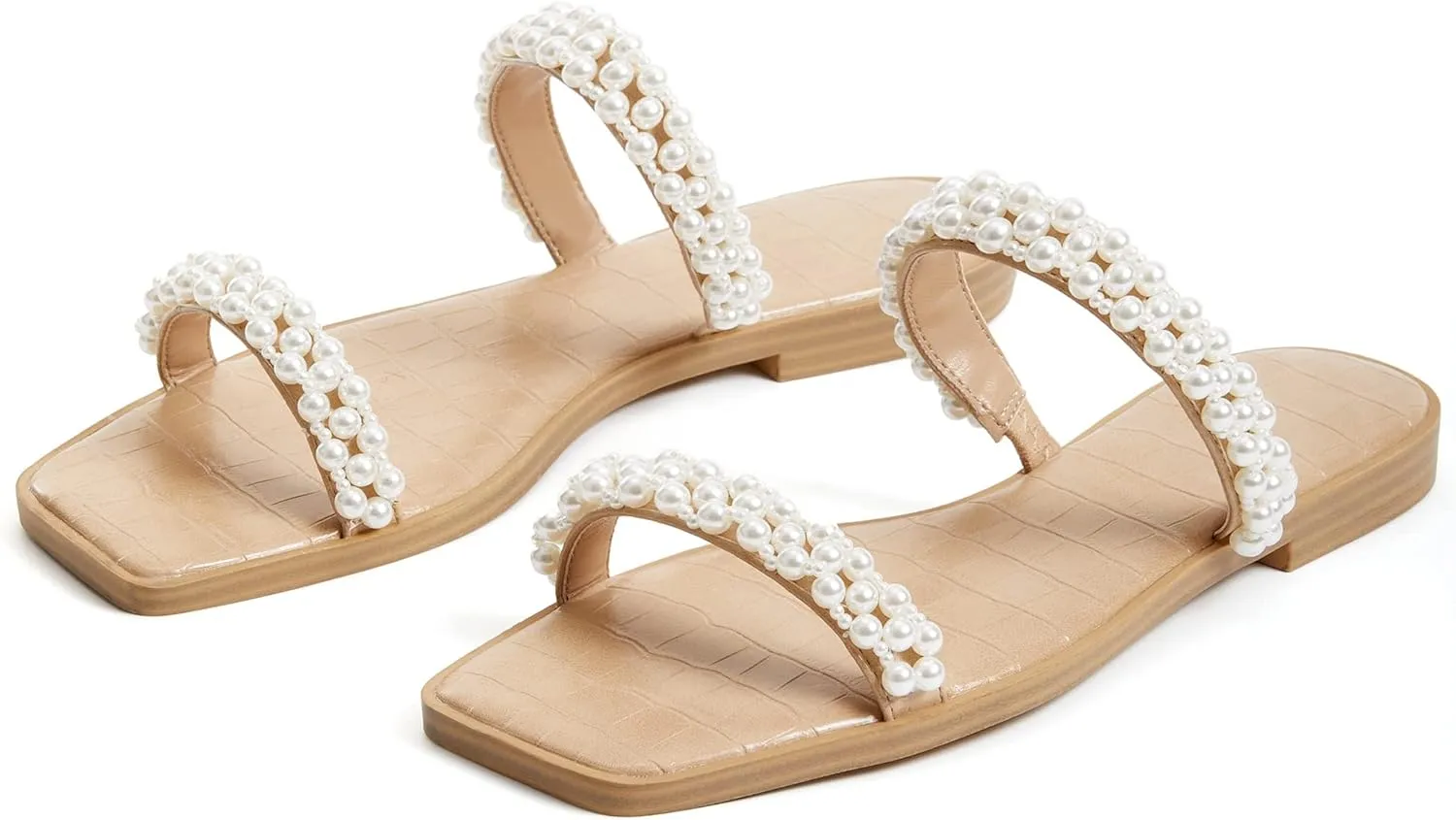 Coutgo Womens Flat Sandals Square Open Toe Pearl Two Strap Slip On Beach Slide Dressy Sandal