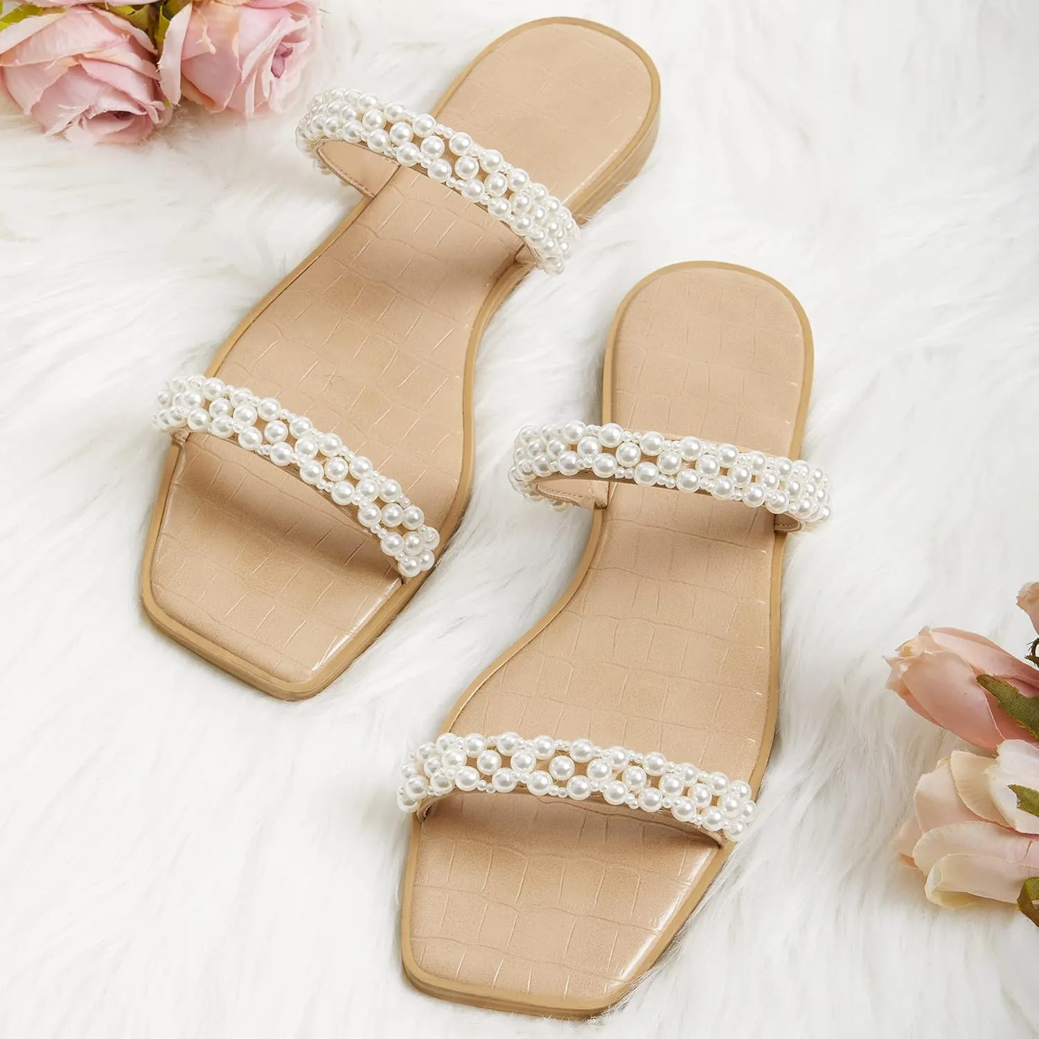 Coutgo Womens Flat Sandals Square Open Toe Pearl Two Strap Slip On Beach Slide Dressy Sandal