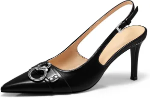 Coutgo Womens Slingback Stiletto High Heels Closed Pointed Toe Pumps with Metal Ring Party Dress Shoes