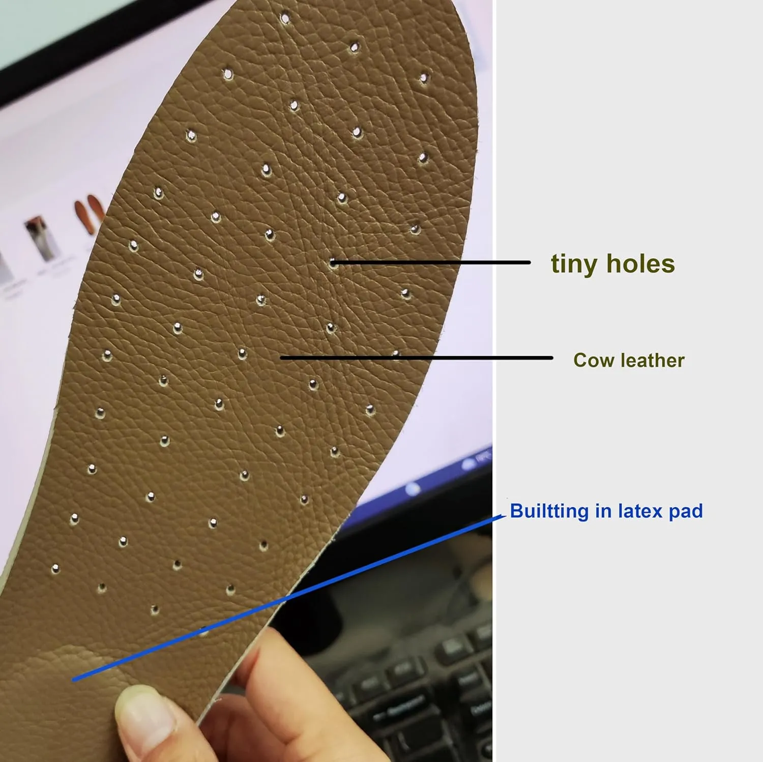 Cow Leather Insoles for Men Soft Comfort (Gray, Men 8.5/10.63inch/27cm)