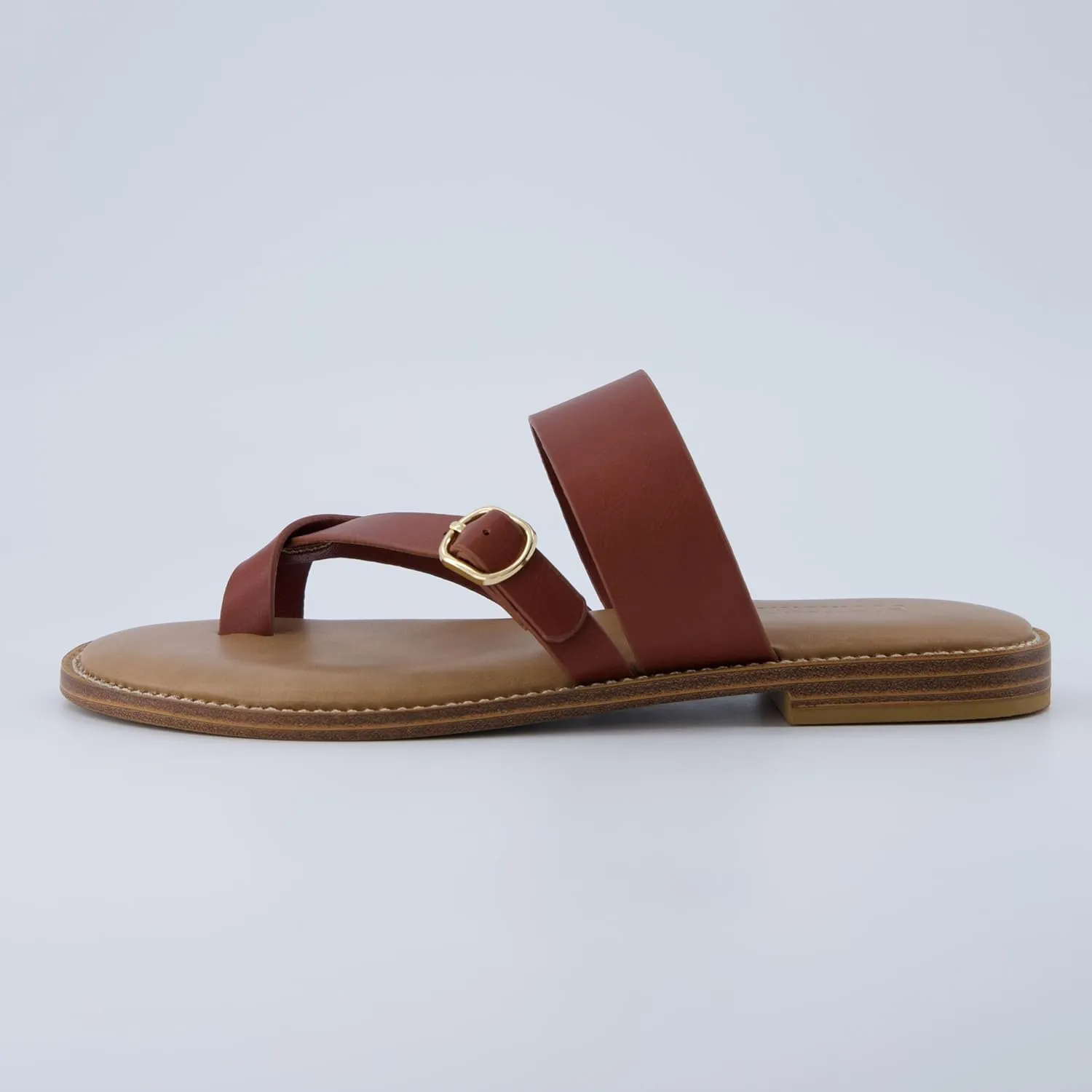 CUSHIONAIRE Laws Women’s Flat Sandal – Faux Leather Slip-On with Toe Loop, Adjustable Buckle & Cushioned Footbed