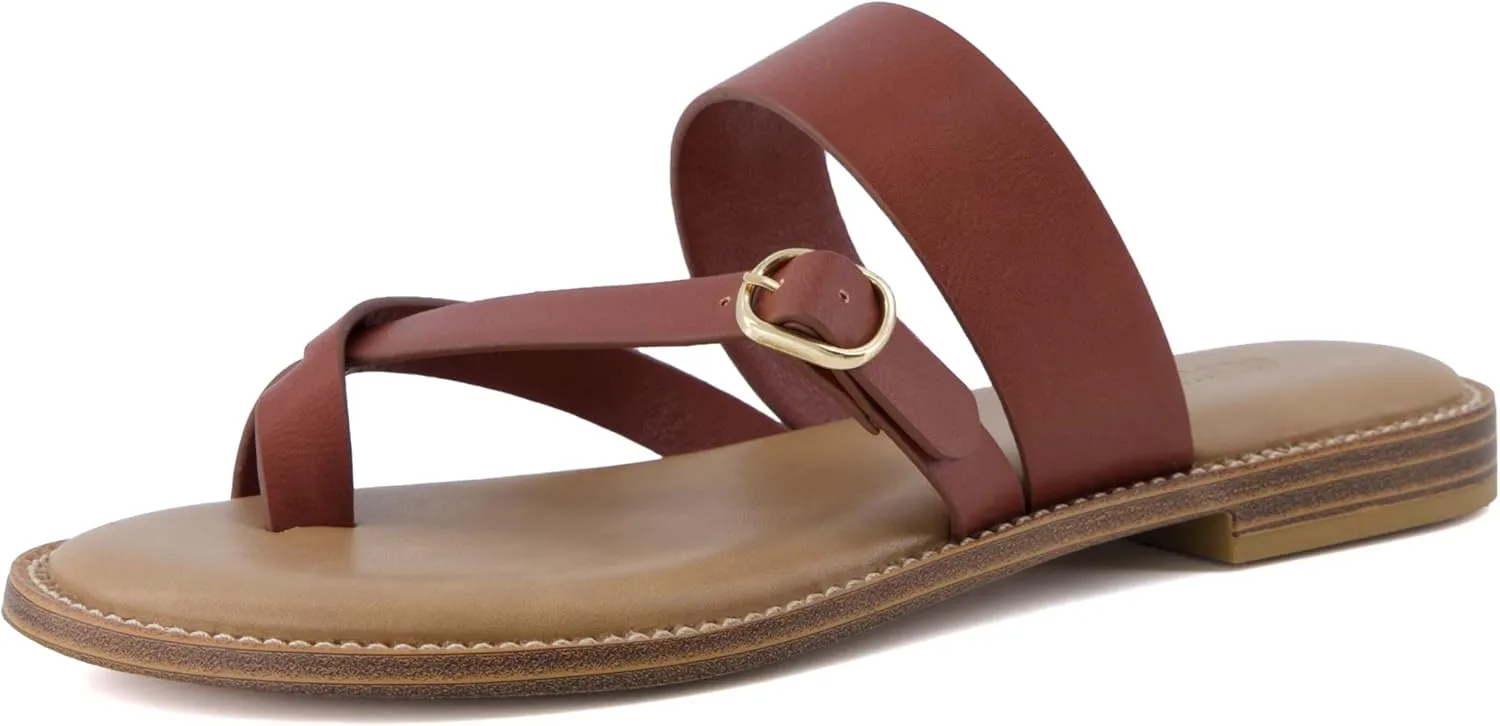 CUSHIONAIRE Laws Women’s Flat Sandal – Faux Leather Slip-On with Toe Loop, Adjustable Buckle & Cushioned Footbed