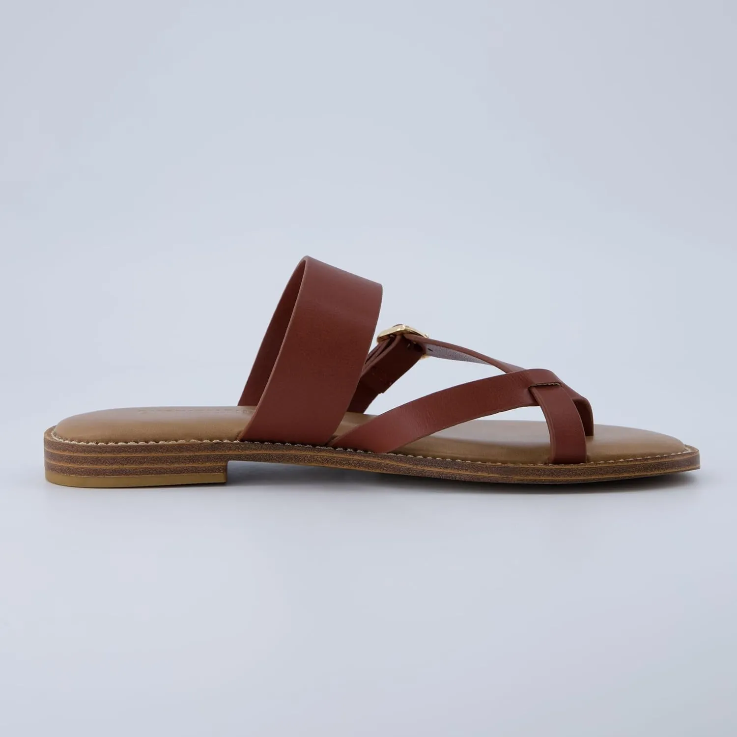 CUSHIONAIRE Laws Women’s Flat Sandal – Faux Leather Slip-On with Toe Loop, Adjustable Buckle & Cushioned Footbed
