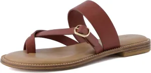 CUSHIONAIRE Laws Women’s Flat Sandal – Faux Leather Slip-On with Toe Loop, Adjustable Buckle & Cushioned Footbed