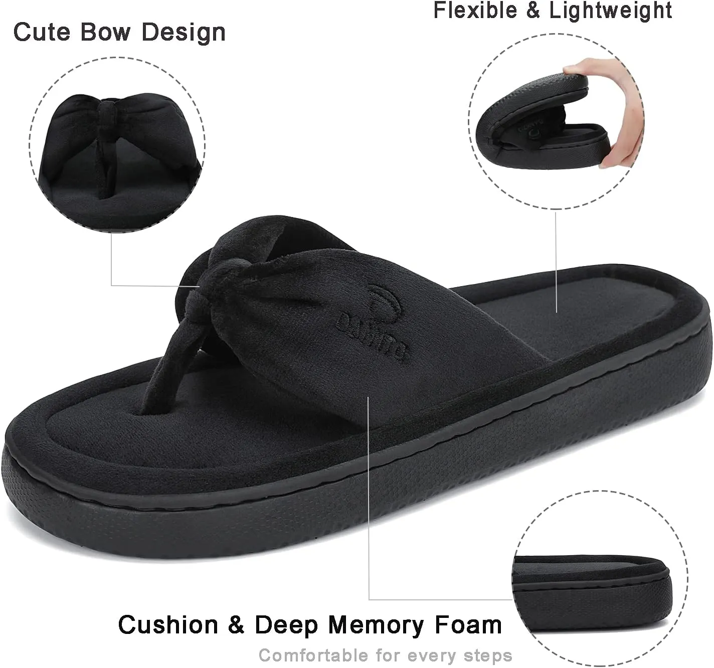 Dannto Women's House Slippers Memory Foam Flip Flops Thong Indoor Shoes Open Toe