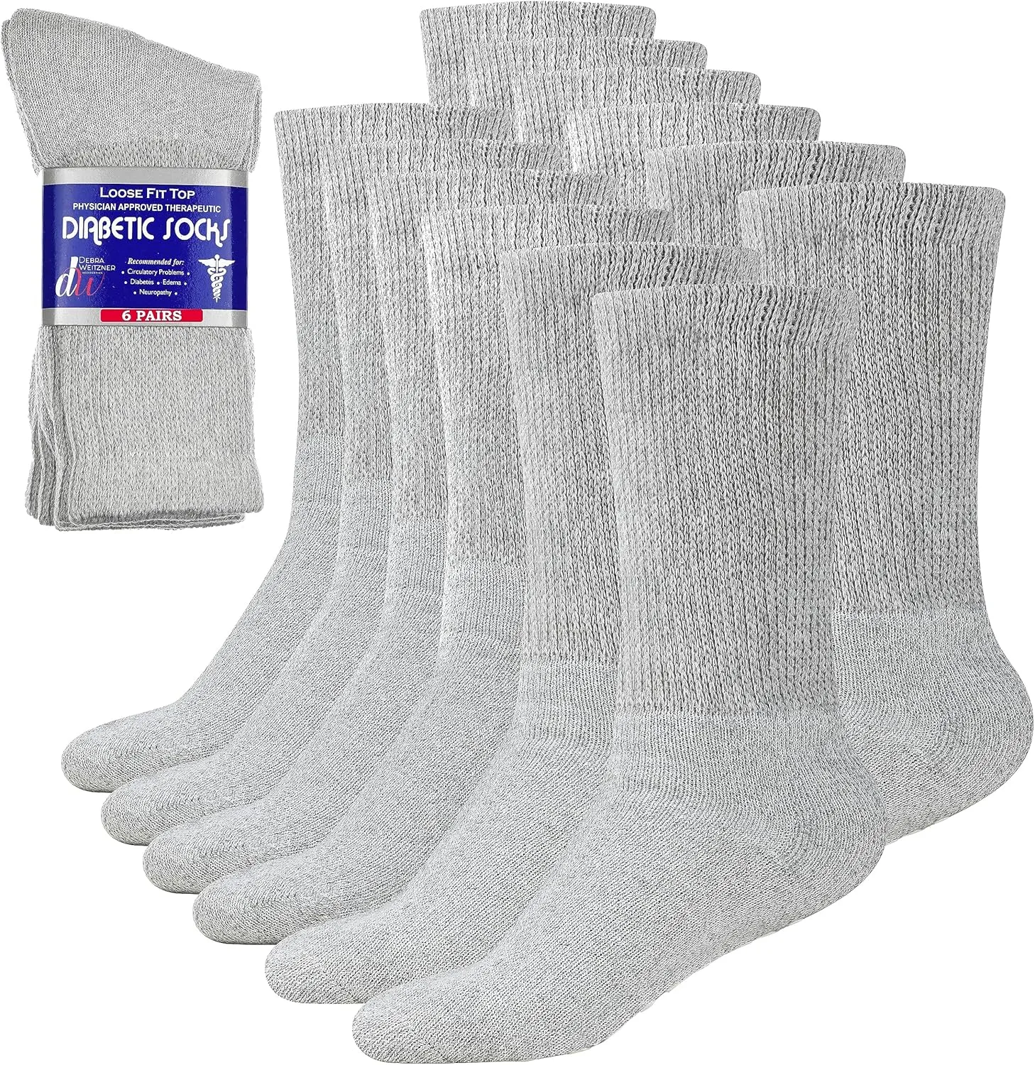 Debra Weitzner Diabetic Socks For Men and Women Loose Fit Non-Binding Cotton Crew Socks 6 Pairs