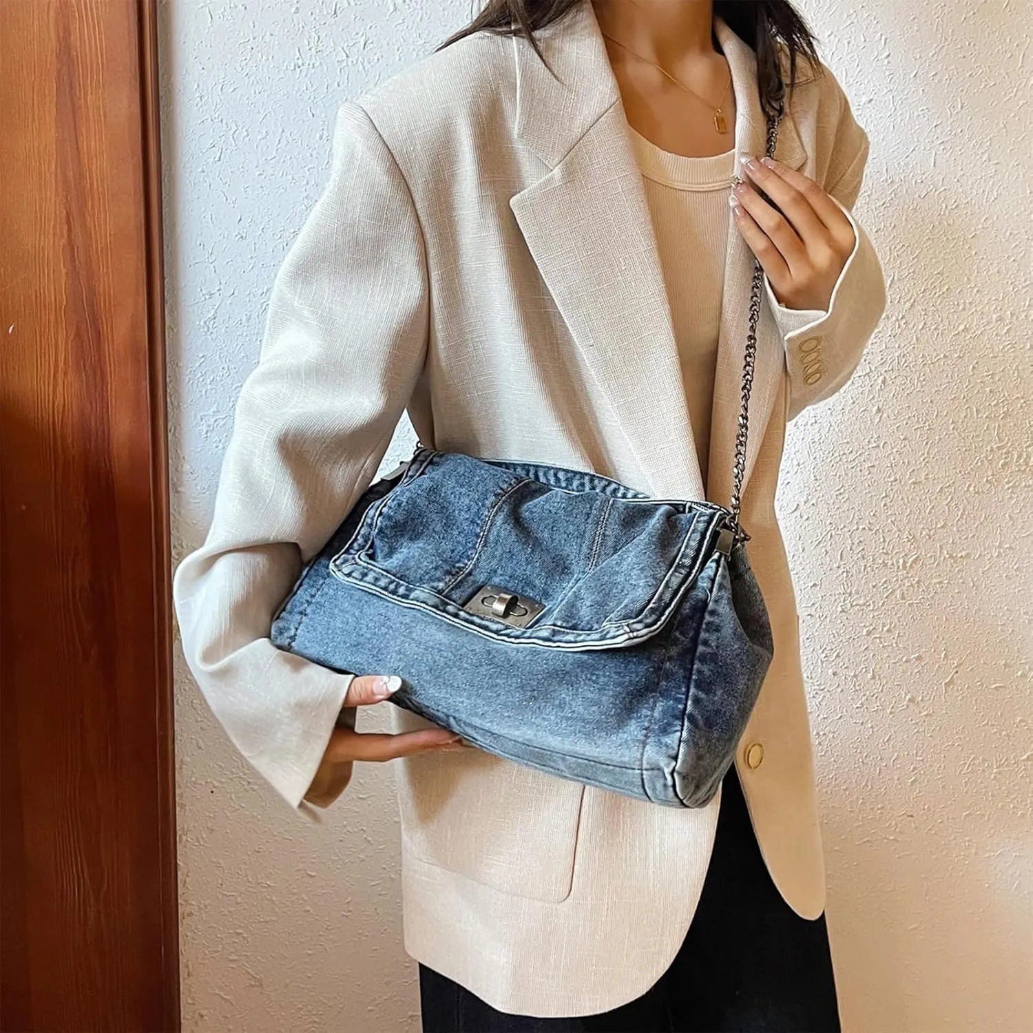 Denim Purse, Denim Crossbody Bag Y2K Jean Purses for Women Trendy Flip Shoulder Handbag