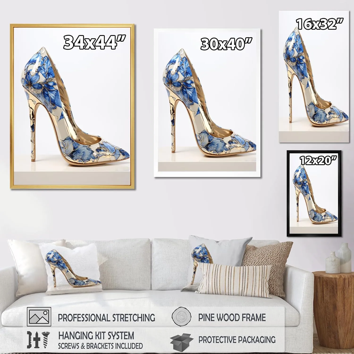 DesignQ beige Canvas wall art, Fashion High Heels Wall Art, High Heel Fashion Chic, Fashion High Heels Wall art decor, 34x44 inches