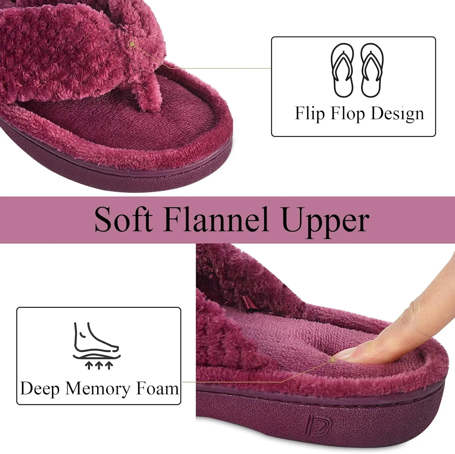DL Women's Flip Flop Memory Foam Slippers with Cozy Terry Lining Soft Thong Slippers Slip on House Shoes with Indoor Outdoor Arch Support Rubber Sole