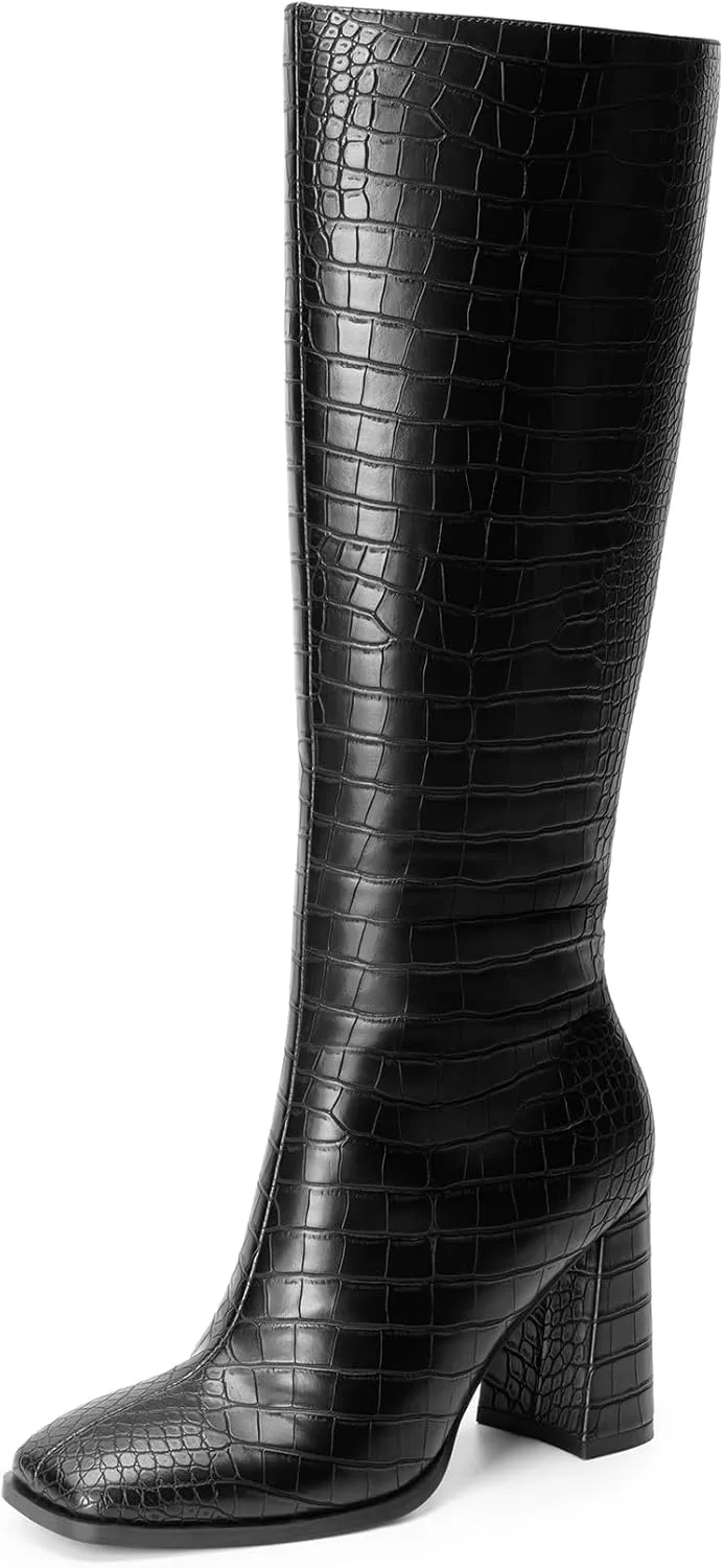DREAM PAIRS Knee High Boots for Women Square Toe Gogo Chunky Heel with Side Zip