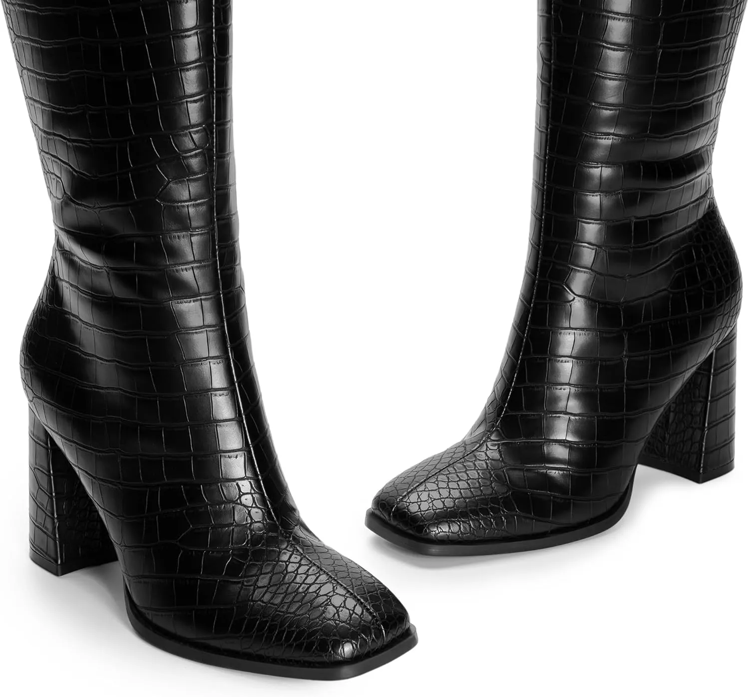 DREAM PAIRS Knee High Boots for Women Square Toe Gogo Chunky Heel with Side Zip