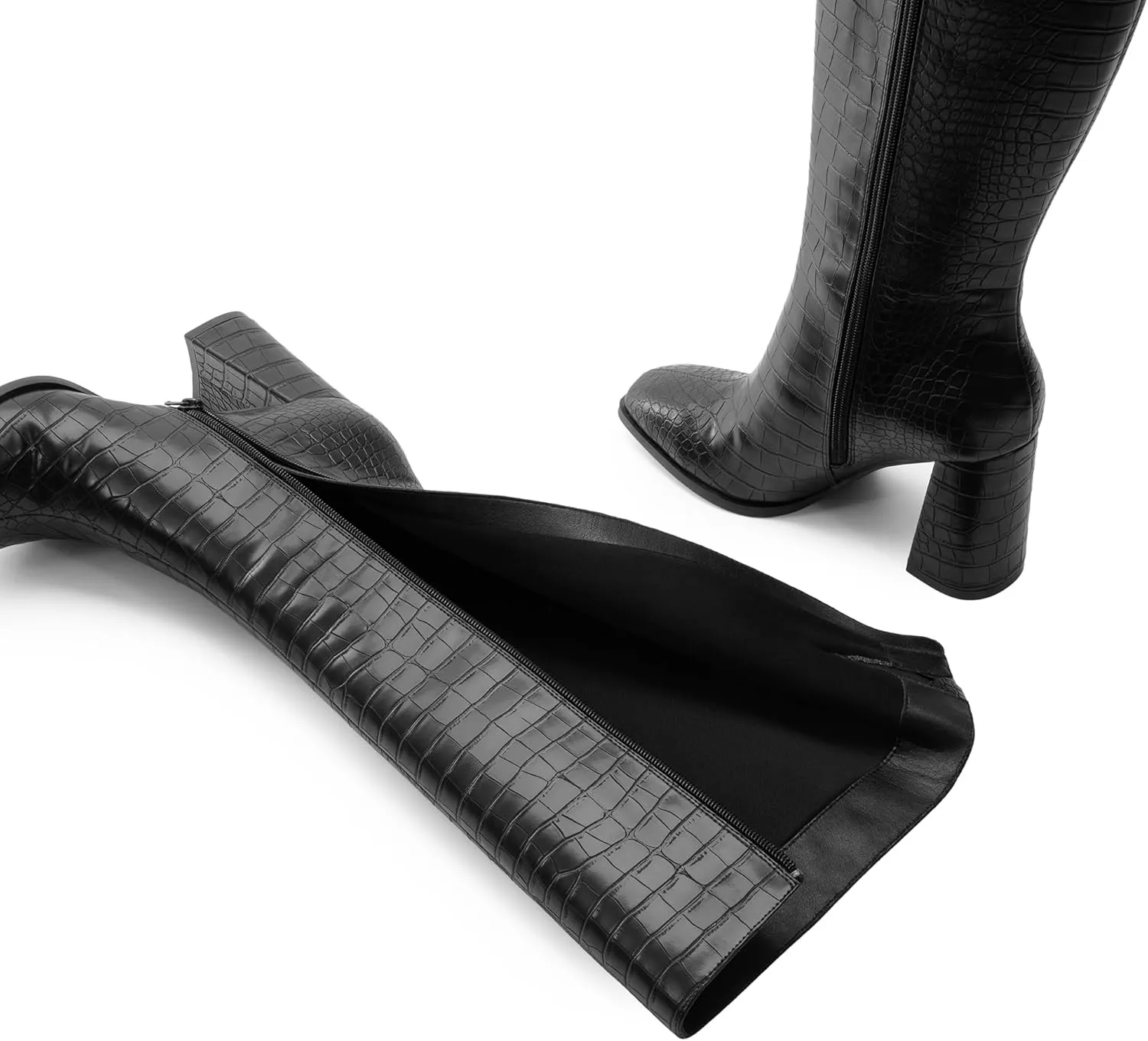 DREAM PAIRS Knee High Boots for Women Square Toe Gogo Chunky Heel with Side Zip