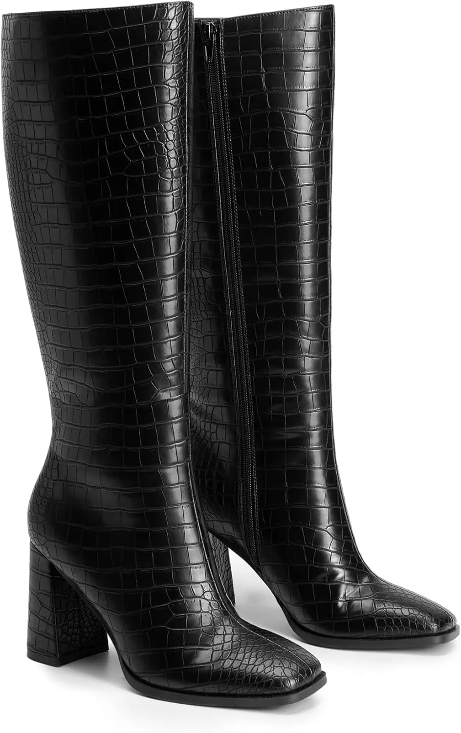 DREAM PAIRS Knee High Boots for Women Square Toe Gogo Chunky Heel with Side Zip