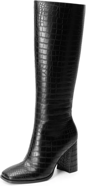 DREAM PAIRS Knee High Boots for Women Square Toe Gogo Chunky Heel with Side Zip