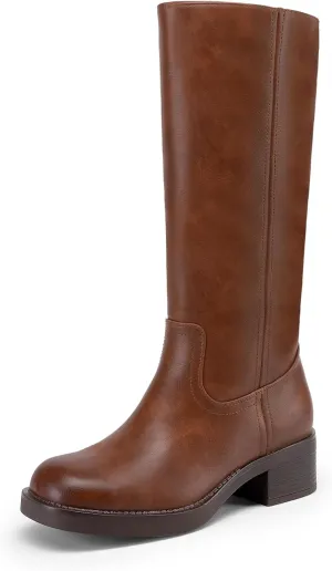 DREAM PAIRS Womens Knee High Boots Square Toe Platform Chunky Block Heel Banana Campus Boots for Women Comfortable Low Heel Side Zipper Womens Riding Tall Boots