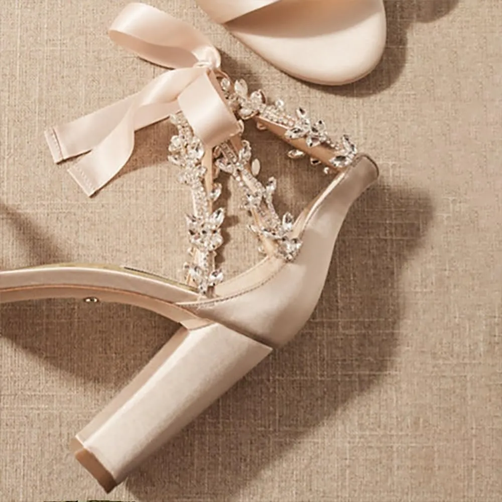 Dress First Wedding Sandal High Heels Brides Shoes Satin Open Toe Crystal Ribbon Tie Elegant Party Prom Cocktail Lace-Up Champagne