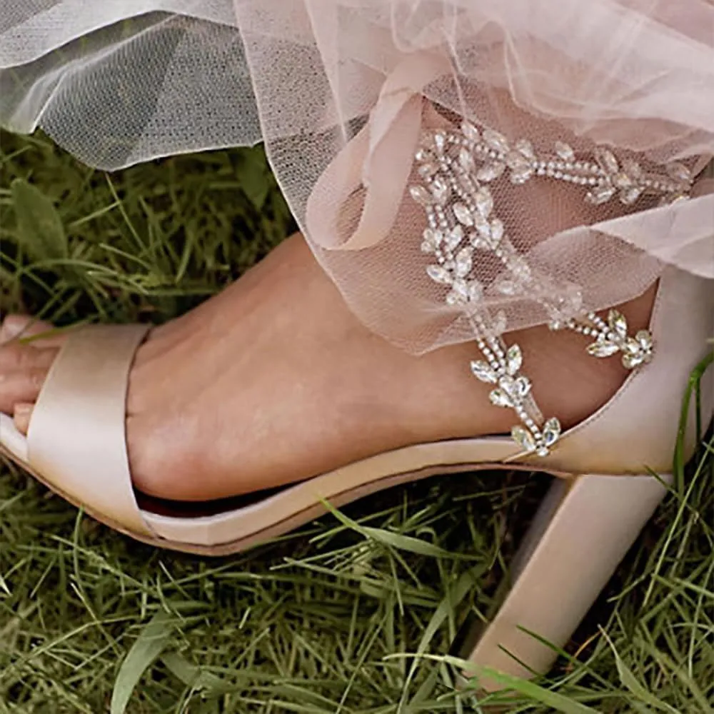 Dress First Wedding Sandal High Heels Brides Shoes Satin Open Toe Crystal Ribbon Tie Elegant Party Prom Cocktail Lace-Up Champagne