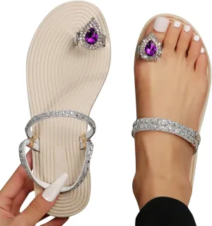 Eduavar Summer Sandals for Women, Orthopedic Sandals for Women Rhinestone Flat Sandals Comfortable Ring Toe Slippers