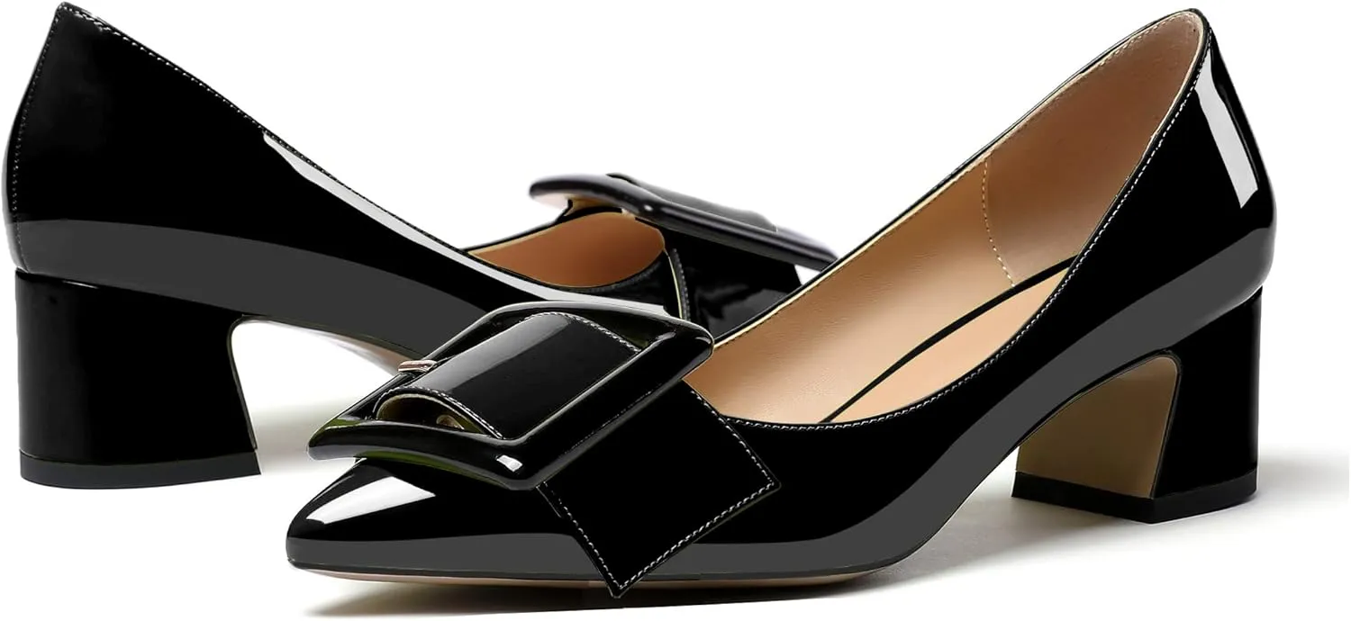 Eldof Pointed Toe Pumps,Classy 2 Inches Block Heel Chic Pumps, Confort Buckle Heel for Office Wedding Dress