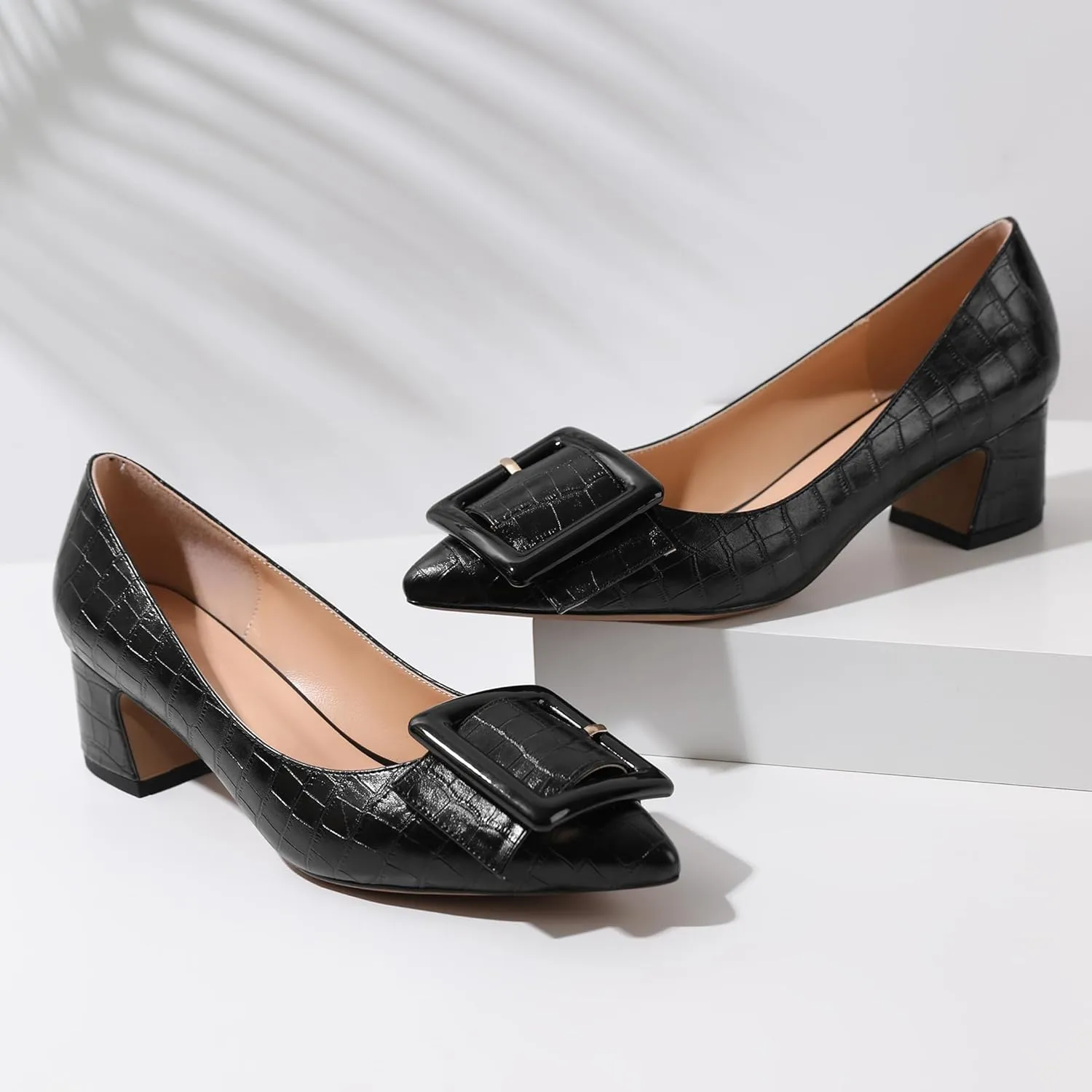 Eldof Pointed Toe Pumps,Classy 2 Inches Block Heel Chic Pumps, Confort Buckle Heel for Office Wedding Dress