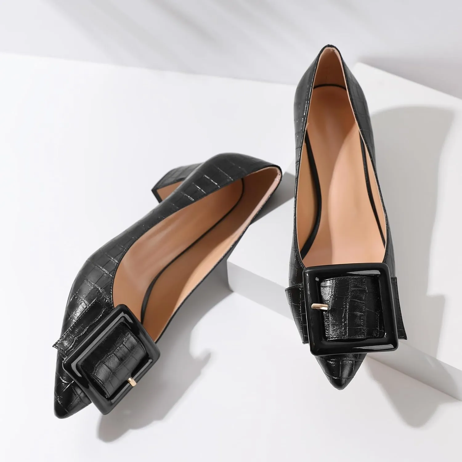 Eldof Pointed Toe Pumps,Classy 2 Inches Block Heel Chic Pumps, Confort Buckle Heel for Office Wedding Dress