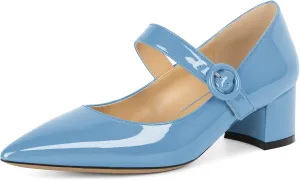 Eldof Women's Block Heels Chic Mary Jane Pointed Toe Chunky Pumps Dressy Office Wedding Shoes 2 Inches