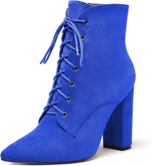 Eldof Women's Chunky Block 4 Inch High Heel Ankle Booties Pointed Toe Lace Up Side Zipper Chic Boots