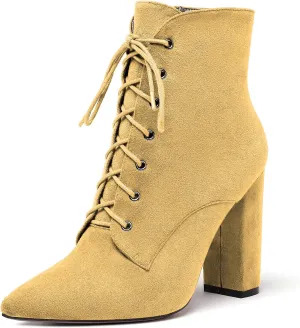 Eldof Women's Chunky Block 4 Inch High Heel Ankle Booties Pointed Toe Lace Up Side Zipper Chic Boots