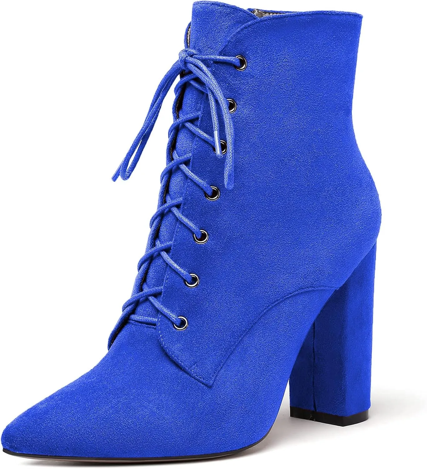Eldof Women's Chunky Block 4 Inch High Heel Ankle Booties Pointed Toe Lace Up Side Zipper Chic Boots