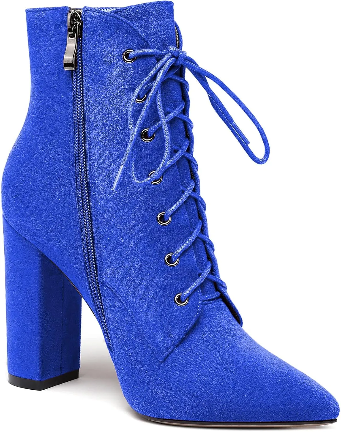 Eldof Women's Chunky Block 4 Inch High Heel Ankle Booties Pointed Toe Lace Up Side Zipper Chic Boots